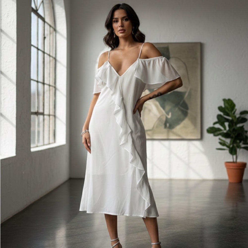 Gold Hawk White Ruffle Midi Dress